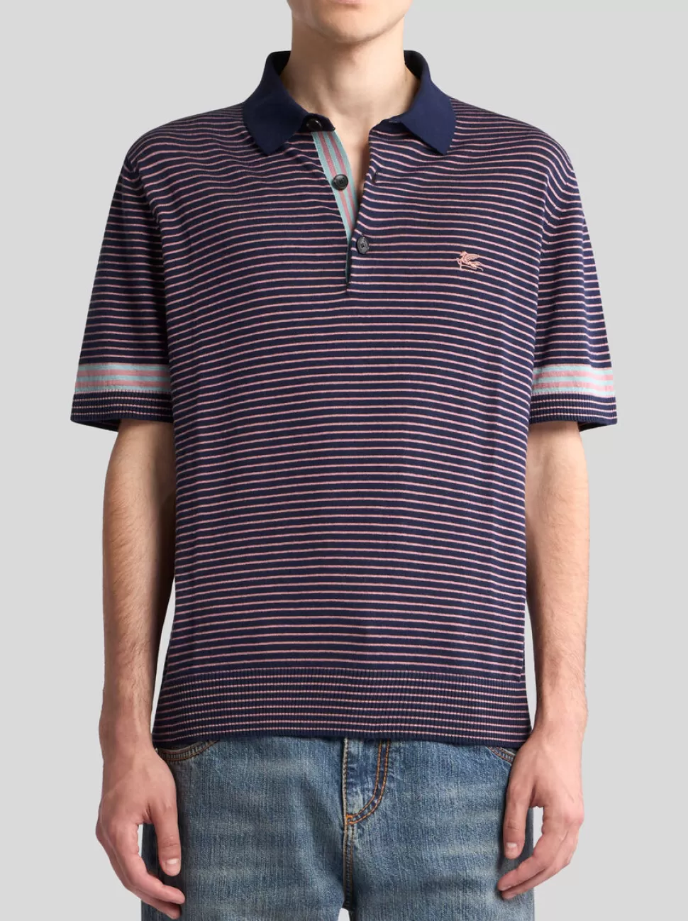 Herren ETRO POLOSHIRT AUS GESTREIFTEM STRICK MIT PEGASO